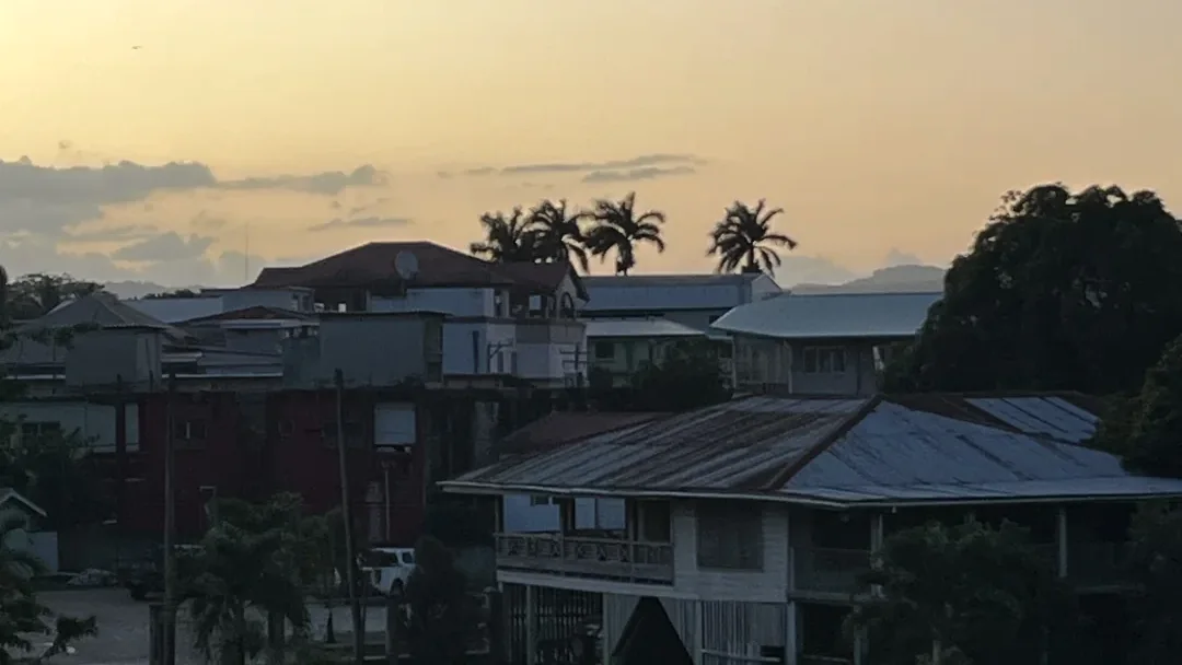 San Ignacio buildings and palm trees in the early morning